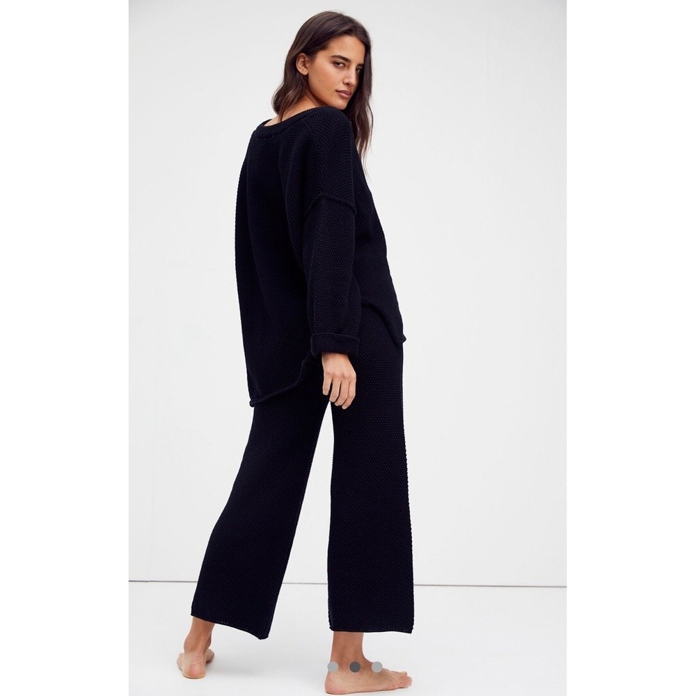 Free People Beach Hailee Knit Wide Leg Pants Black Textured Lounge Large
